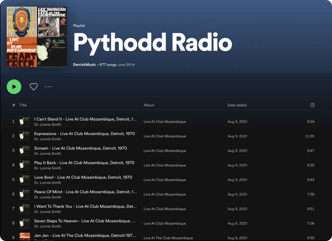 Pythodd Radio playlist showing jazz music from the 1960s era